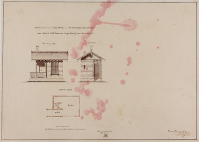 214694 Plattegrond en opstand van de voor-en linkergevel van het ontworpen belastingkantoortje aan de Blauwkapelseweg ...
